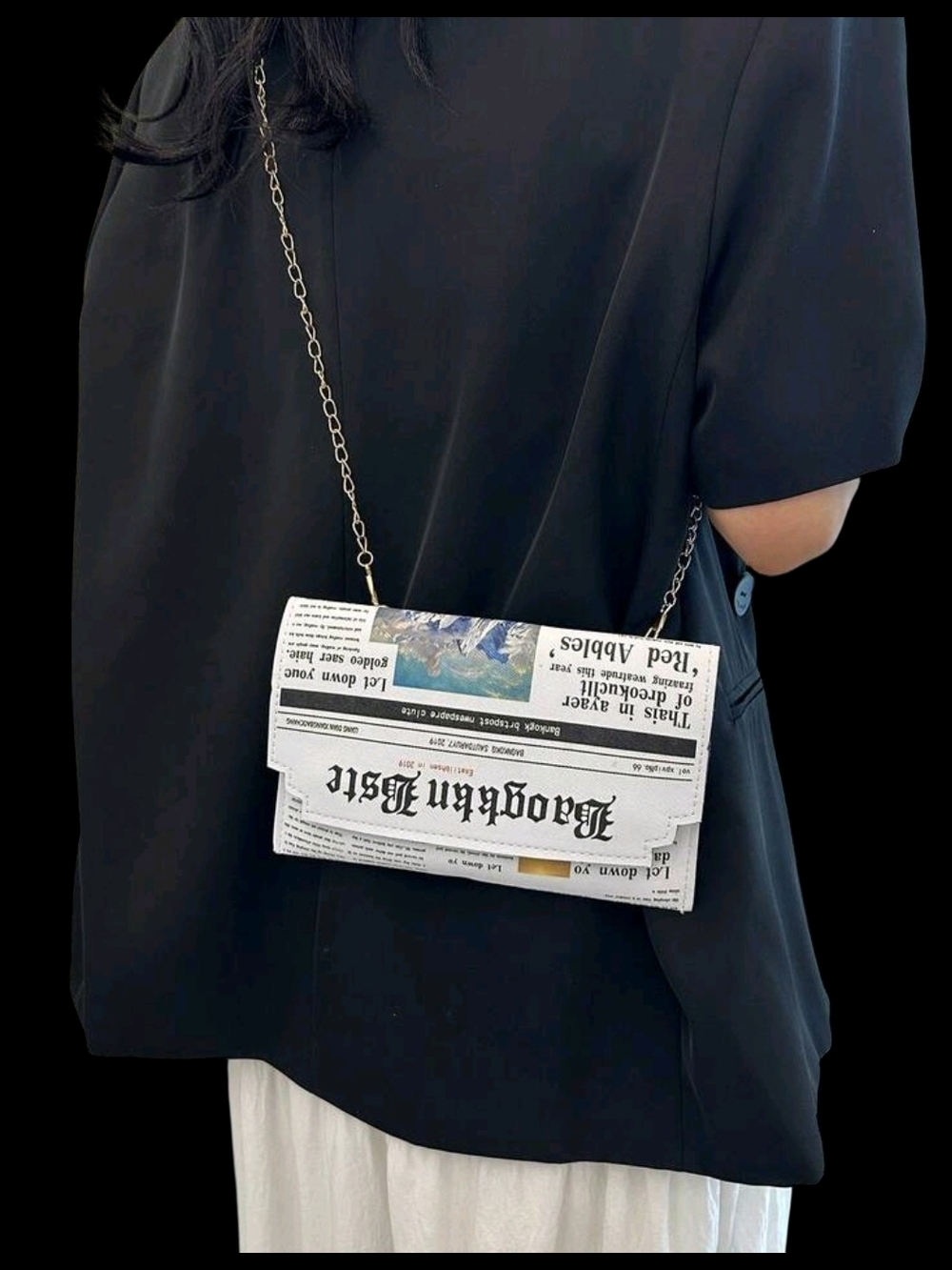 White Newspaper Print Crossbody Bag with Gold Chain